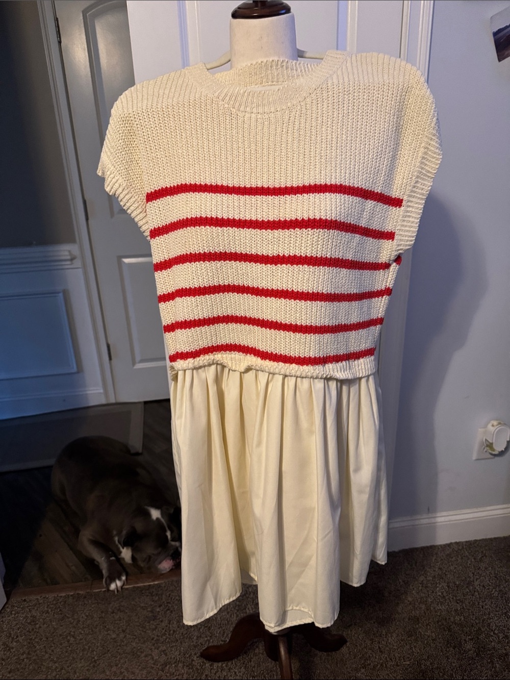 entro Cream Dress with Red Knit Stripes